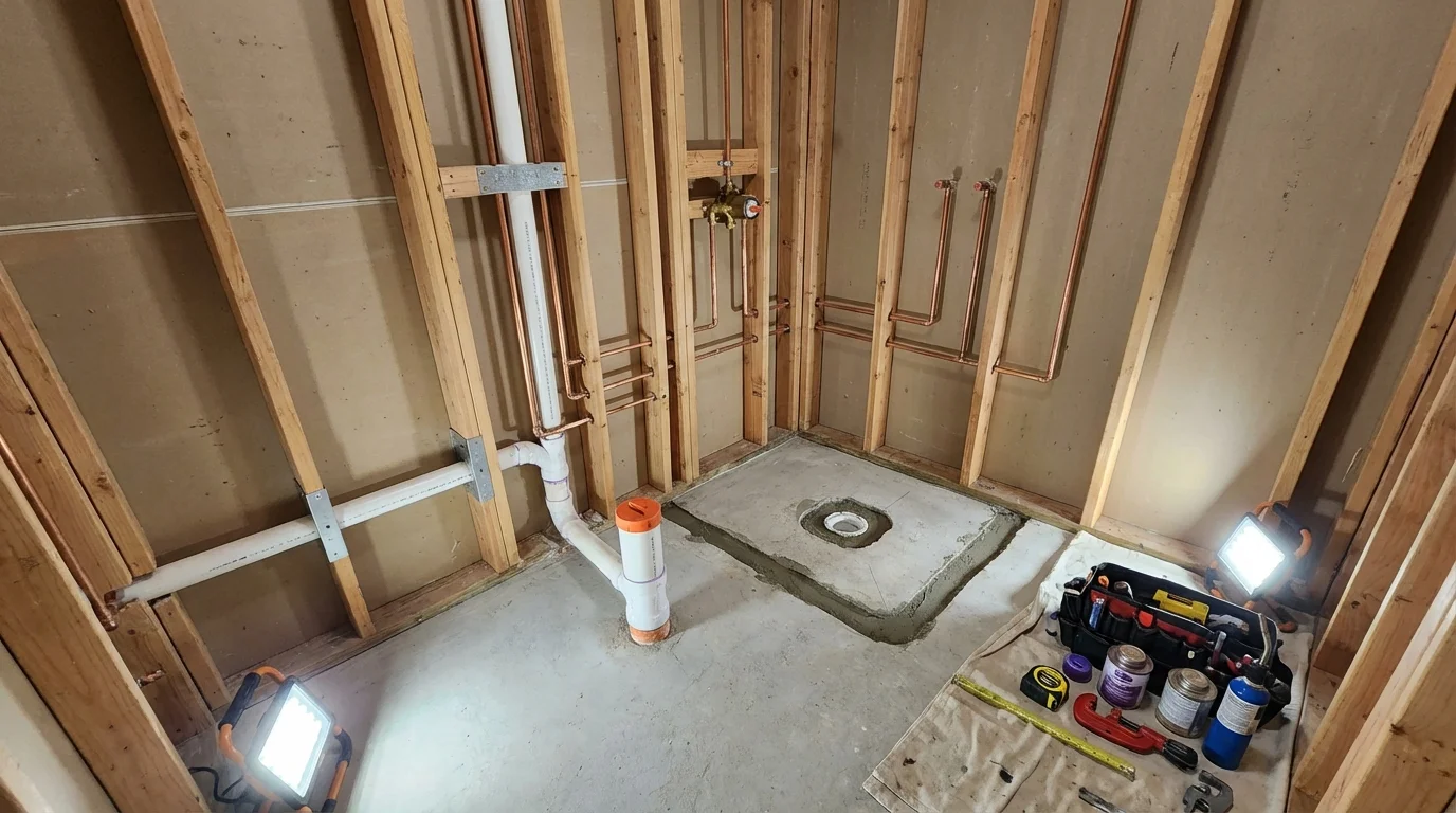 Bathroom rough-in plumbing during remodel by Johns Plumbing LLC in Millers Falls