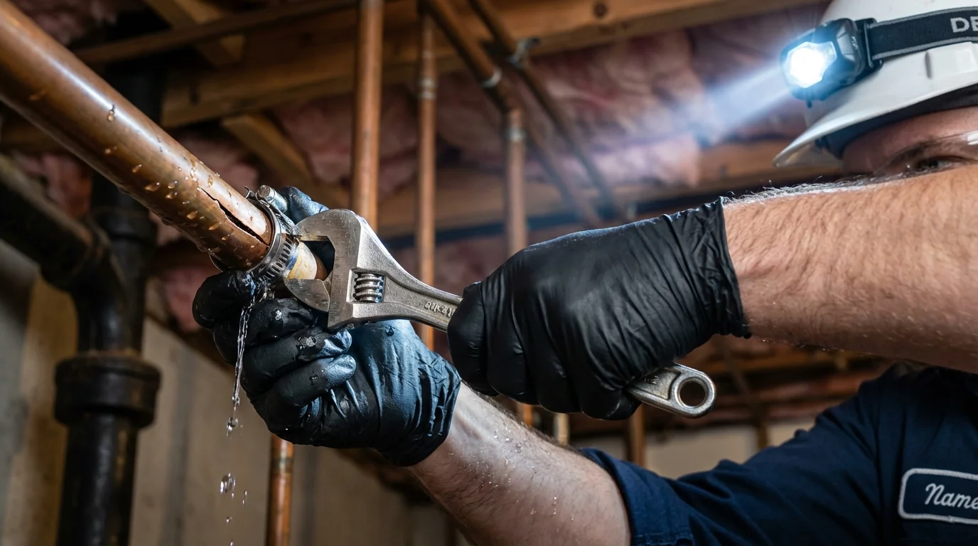 Emergency pipe clamp repair being performed by a Johns Plumbing LLC plumber in Millers Falls