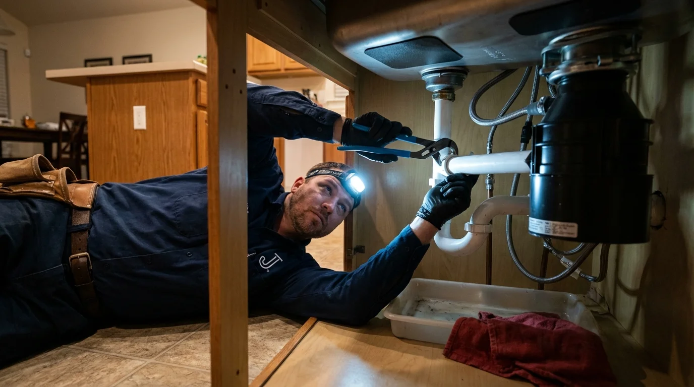 P-trap and supply line connections under a kitchen sink showing a common leak point in Millers Falls, MA